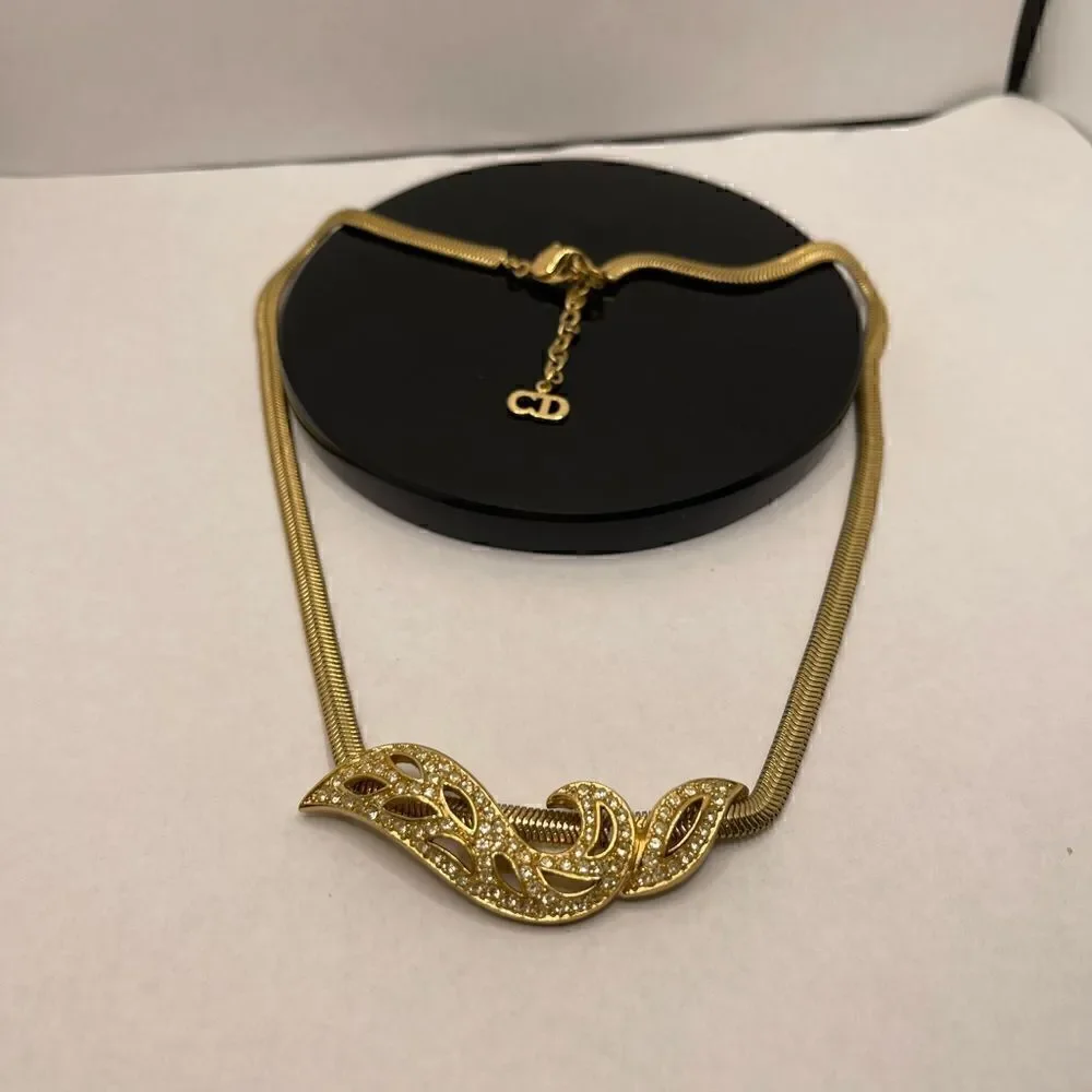 Real Christian Dior gold tone necklace rhinestone pendant